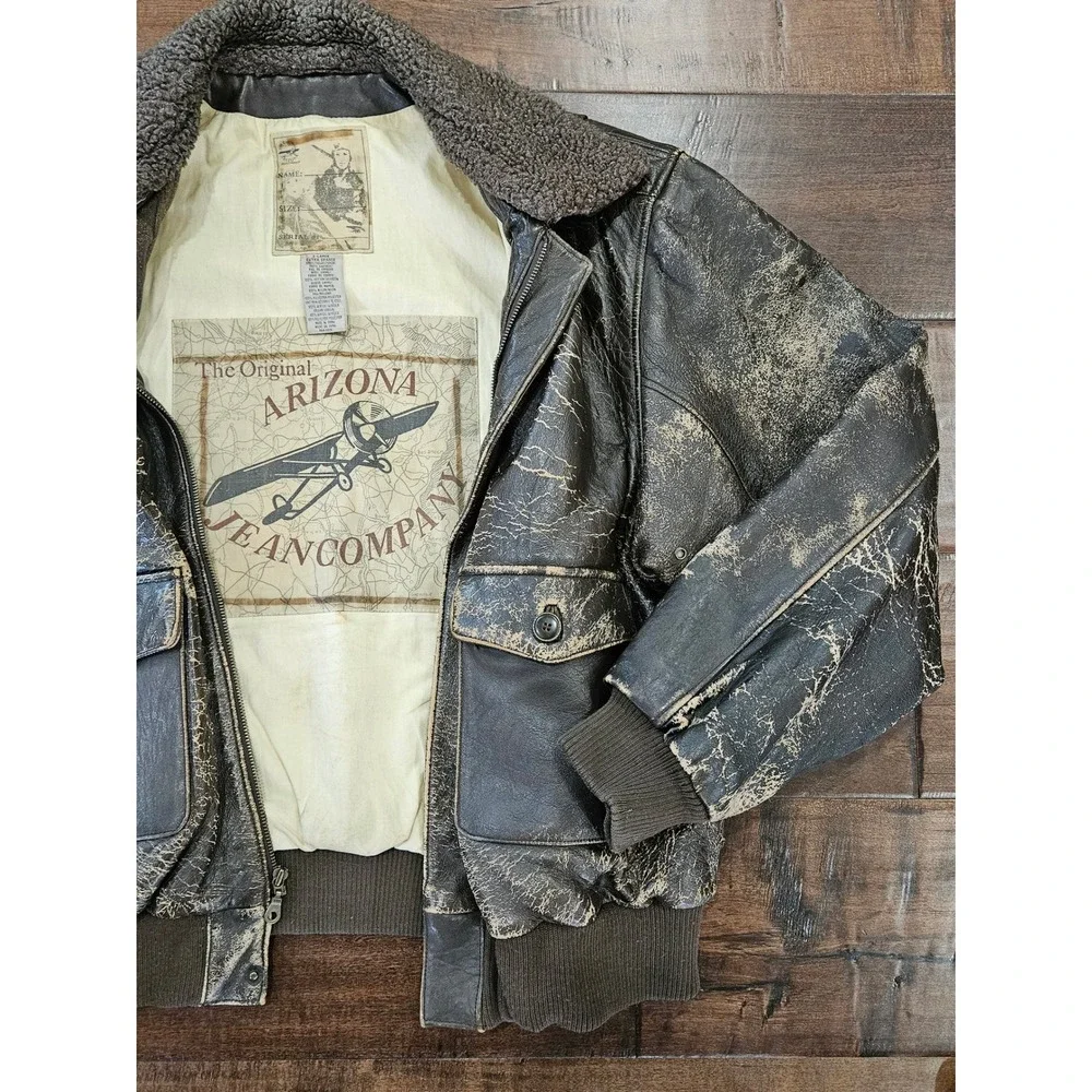 VTG Distressed Arizona Military XL Leather Bomber Flight Jacket Brown Sherpa